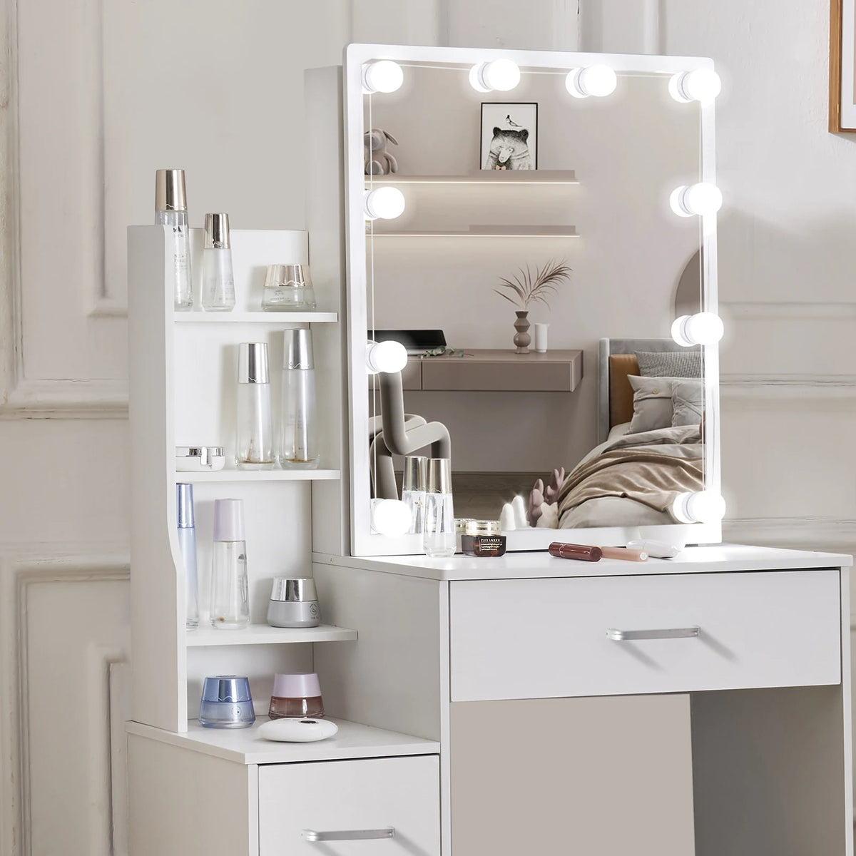 Mesa de tocador LED con espejo deslizante, escritorio de maquillaje blanco, taburete de 4 cajones, tocador para mujer, muebles glam
