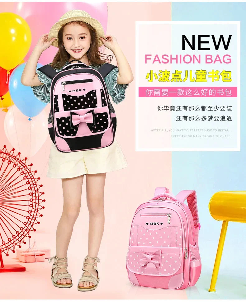 Mochila Escolar Ligera para Niñas de 6 a 12 Años, Linda Mochila con Lazo de Puntos, con Correas Acolchadas Ergonómicas