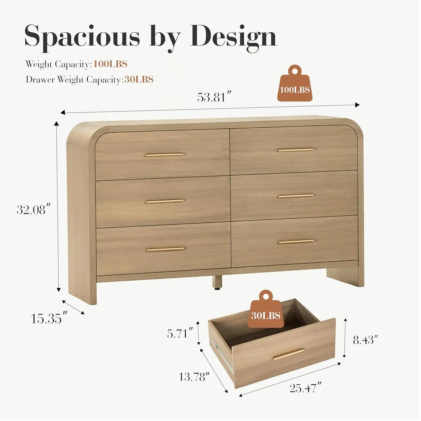 Curved 6-Drawer Dresser 54" Wide Modern Chest Vanity TV Stand Closet Nursery Hallway Oak, Customized