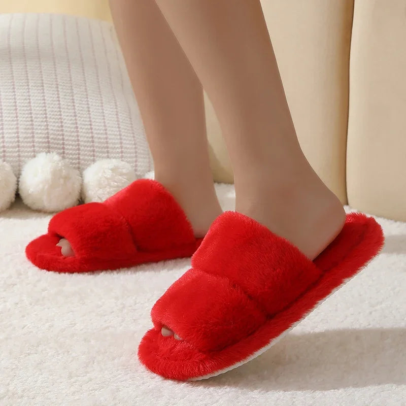 Zapatillas de invierno de felpa con estampado de leopardo para mujer, zapatos de casa peludos con suela suave y punta abierta, cómodas y cálidas para interiores, de piel sintética