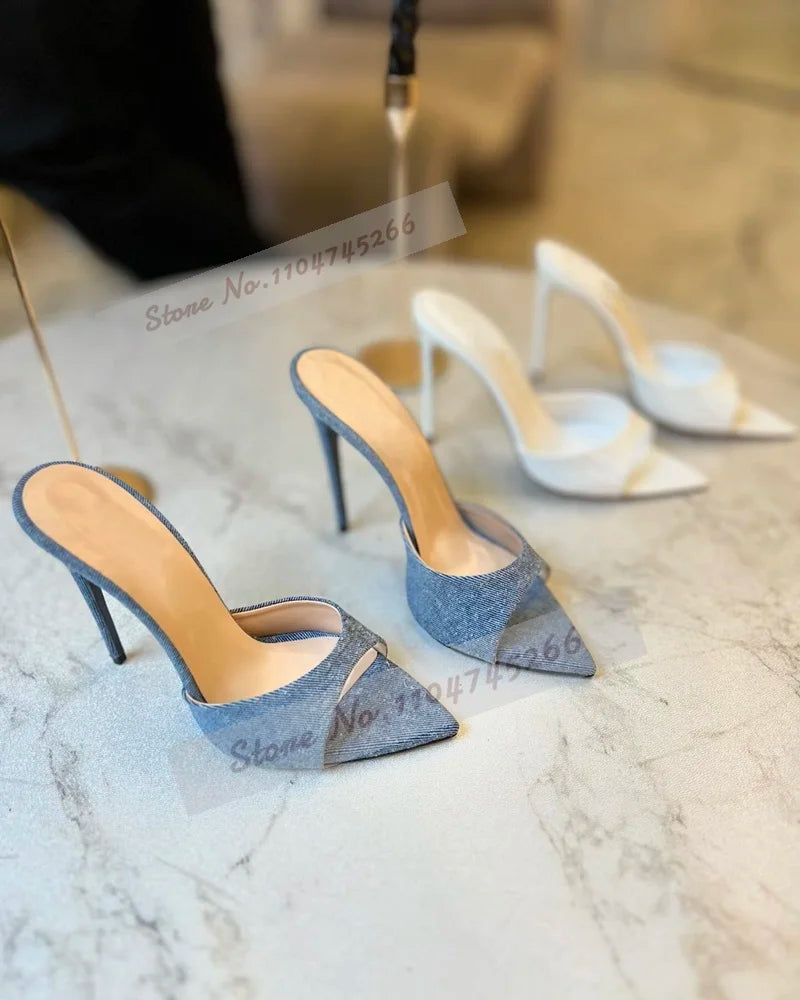 Cielo Azul Satén Tacón Alto Mules Rosa Borgoña Punta Puntiaguda Zapatillas Modernas Slip-On Vestido Elegante Sandalias Zapatos de Banquete Poco Profundos