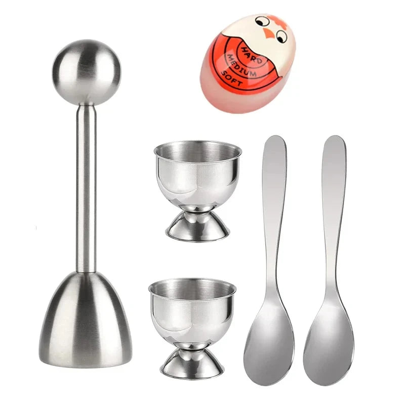 Abridor de huevos creativo, abridor de cáscara de huevo con bandeja para huevos y cucharas, herramienta de desayuno con apertura de acero inoxidable, accesorios de cocina