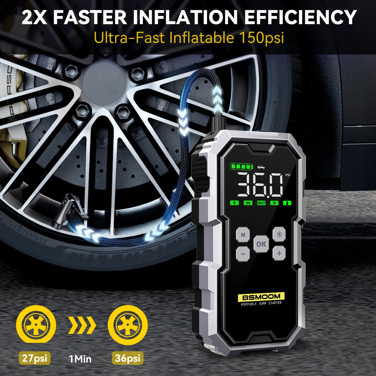 Arrancador de Coches con Compresor de Aire, Pantalla LCD, 21800mAh, Cargador Portátil, Dispositivo de Arranque de Batería de Coche de 6000A, Cargador de Batería para Coche de 12V (Todo Gasolina/10L Diésel), Arranque Rápi