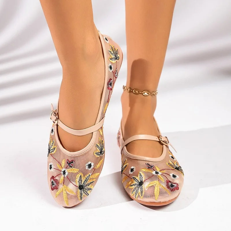 Zapatos Mary Jane de malla con bordado floral de primavera para mujer, zapatos con correa y hebilla concisa, zapatos de suela suave, zapatos planos de ballet transpirables para mujer