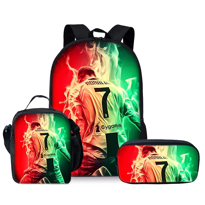 Juego de tres piezas de jugador de fútbol CR7, mochilas para niños y niñas, los mejores regalos, mochila escolar de dibujos animados en 3D para niños