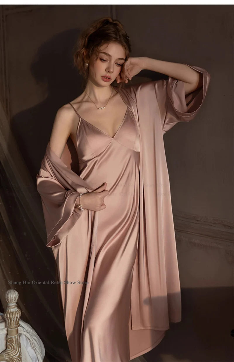 Elegante Conjunto de Bata Larga para Mujer, Lencería Sexy, Ropa de Dormir, Kimono Holgado, Bata de Baño, Vestido de Casa de Satén Sedoso, Ropa de Estar