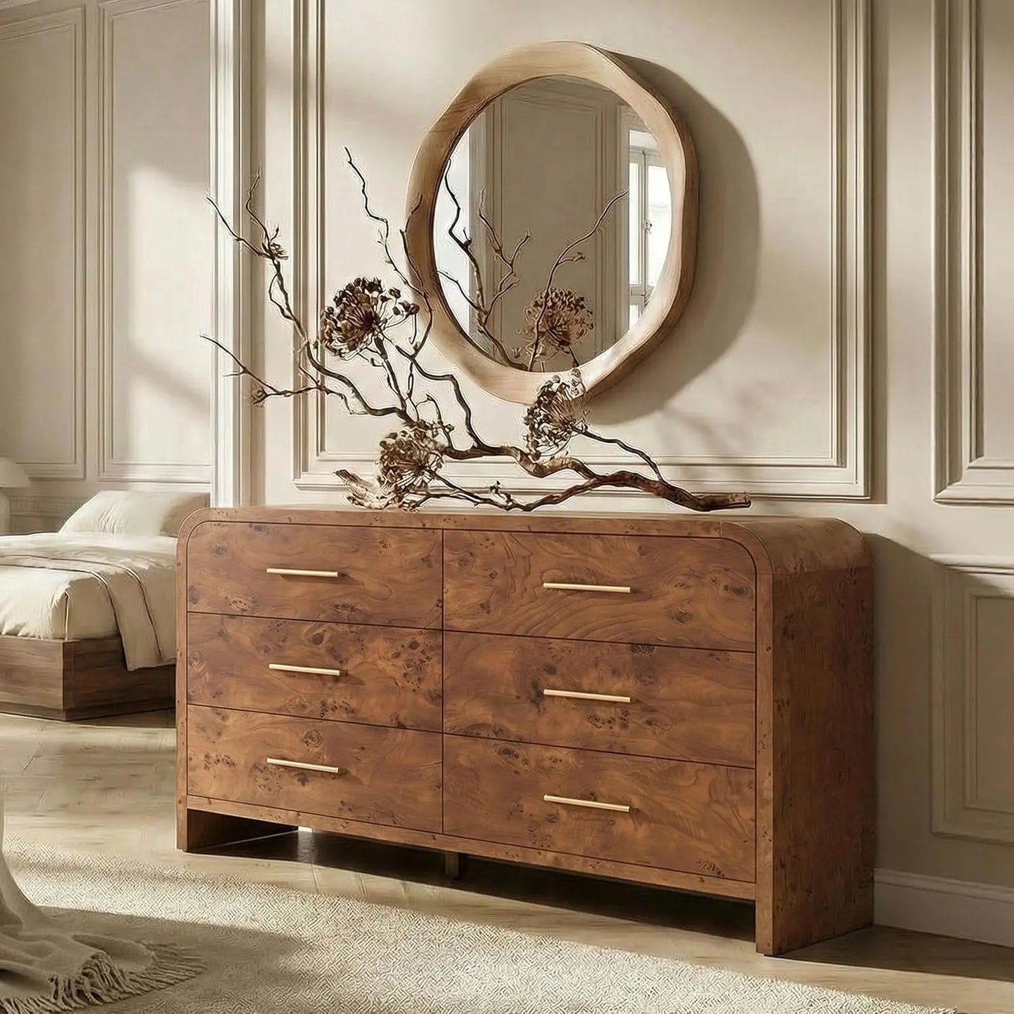 Curved 6-Drawer Dresser 54" Wide Modern Chest Vanity TV Stand Closet Nursery Hallway Oak, Customized
