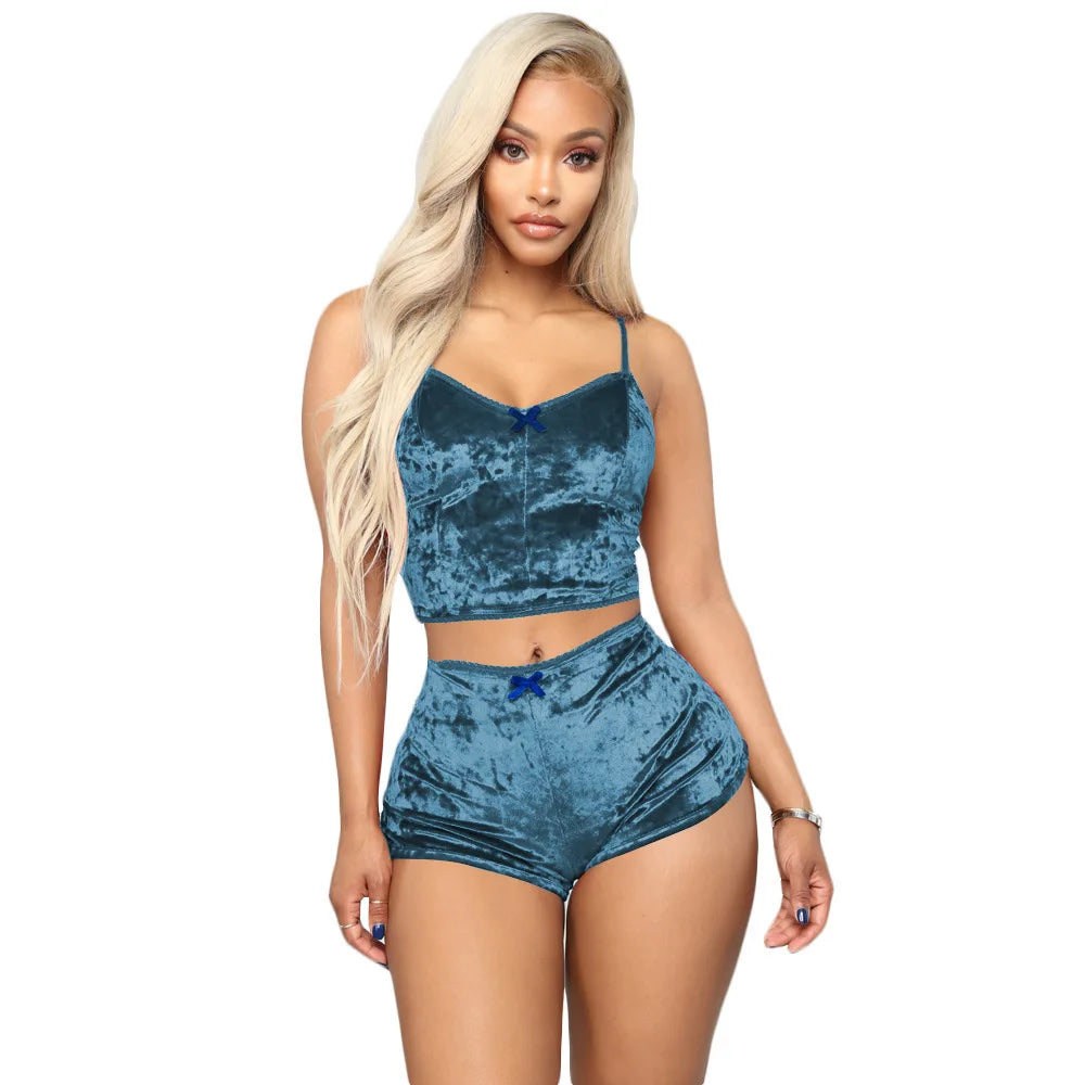 Conjunto de Pijamas para mujer, Pijamas sexis de terciopelo satinado de seda rosa y roja, ropa para dormir, bata, conjuntos de lencería Sexy, ropa de dormir
