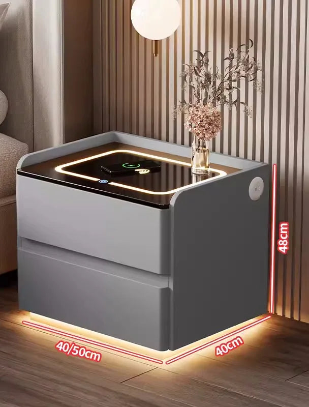 Mesita de noche inteligente de madera maciza con carga inalámbrica, mesita de noche de estilo moderno con 2 cajones y cerradura, armario lateral para el hogar