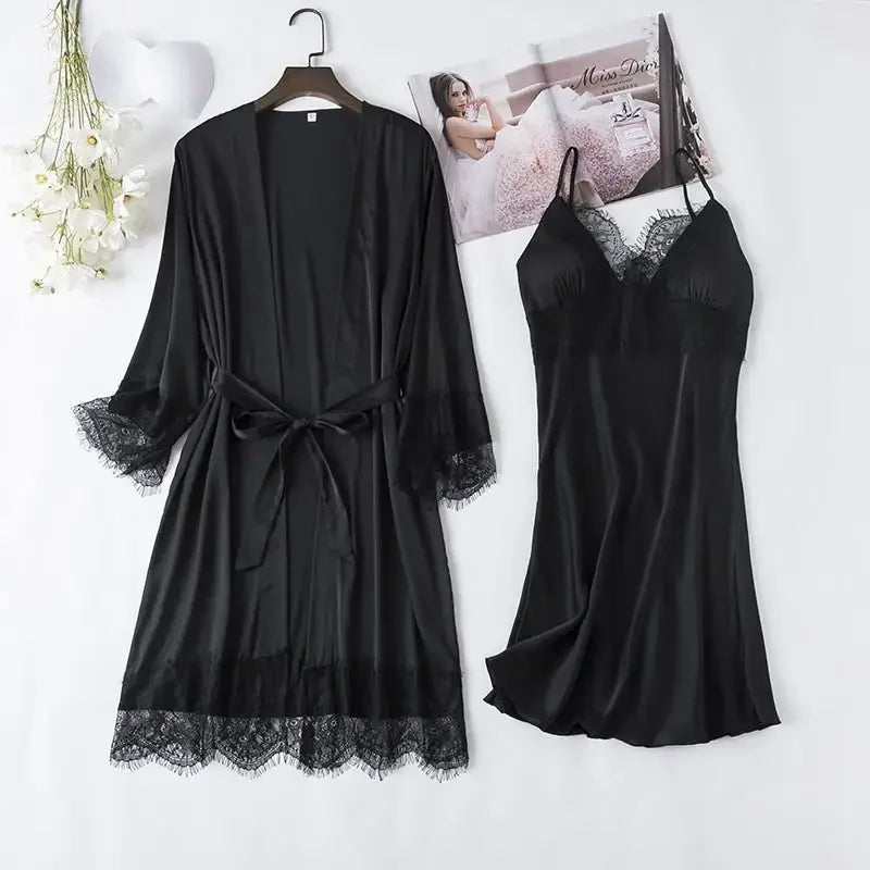 Conjunto de pijama de seda blanca para mujer, bata de boda de 5 piezas, camisón Sexy de encaje, ropa de dormir, Kimono, albornoz, lencería