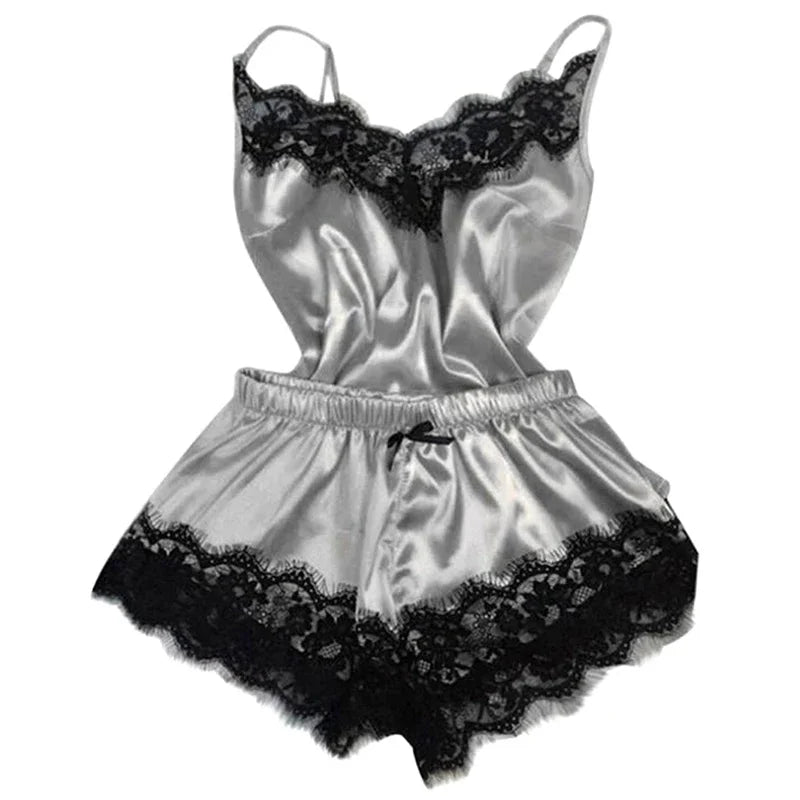 Conjunto de pijama de satén de encaje para mujer, ropa de dormir con cuello en V, lencería Sexy elástica, chaleco con tirantes, Top, pijama, pantalones cortos para dormir, conjunto de ropa de dormir