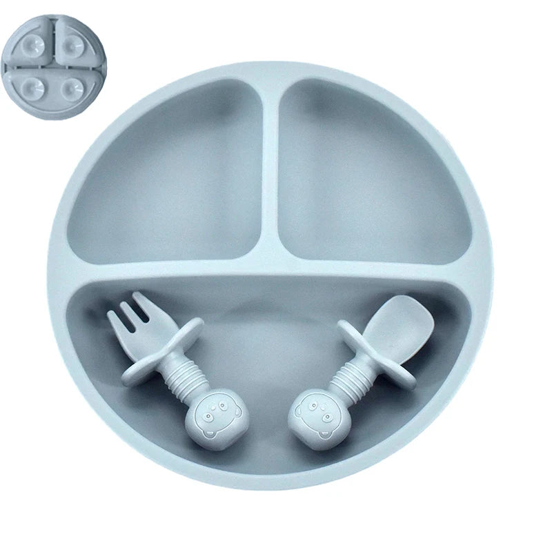 4 unids/set plato de comedor de silicona seguro para bebé, platos sólidos de dibujos animados para niños, juego de vajilla para bebé con cara sonriente, plato Retro para niños