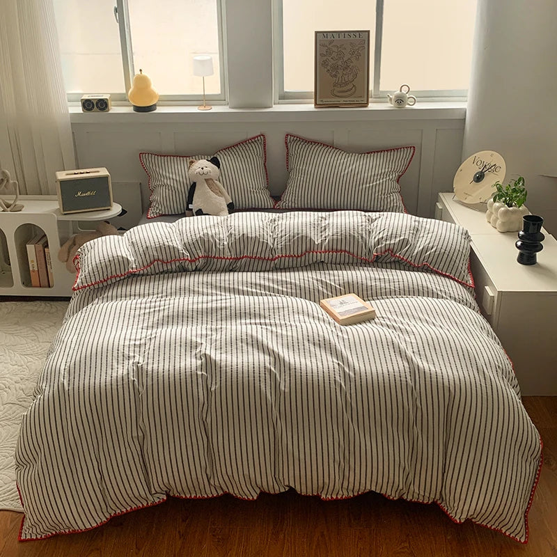 Juego de cama 100% de algodón a rayas, funda nórdica con funda de almohada, funda de edredón, tamaño King
