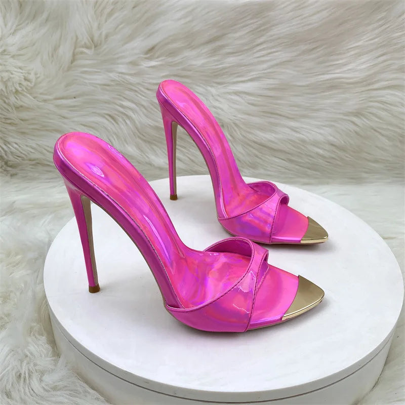 Fashion Sandals Women's New High Quality Pointed Toe Open Toe Shallow Mouth Laser Pink Crystal Slippers Modern Open Shoes