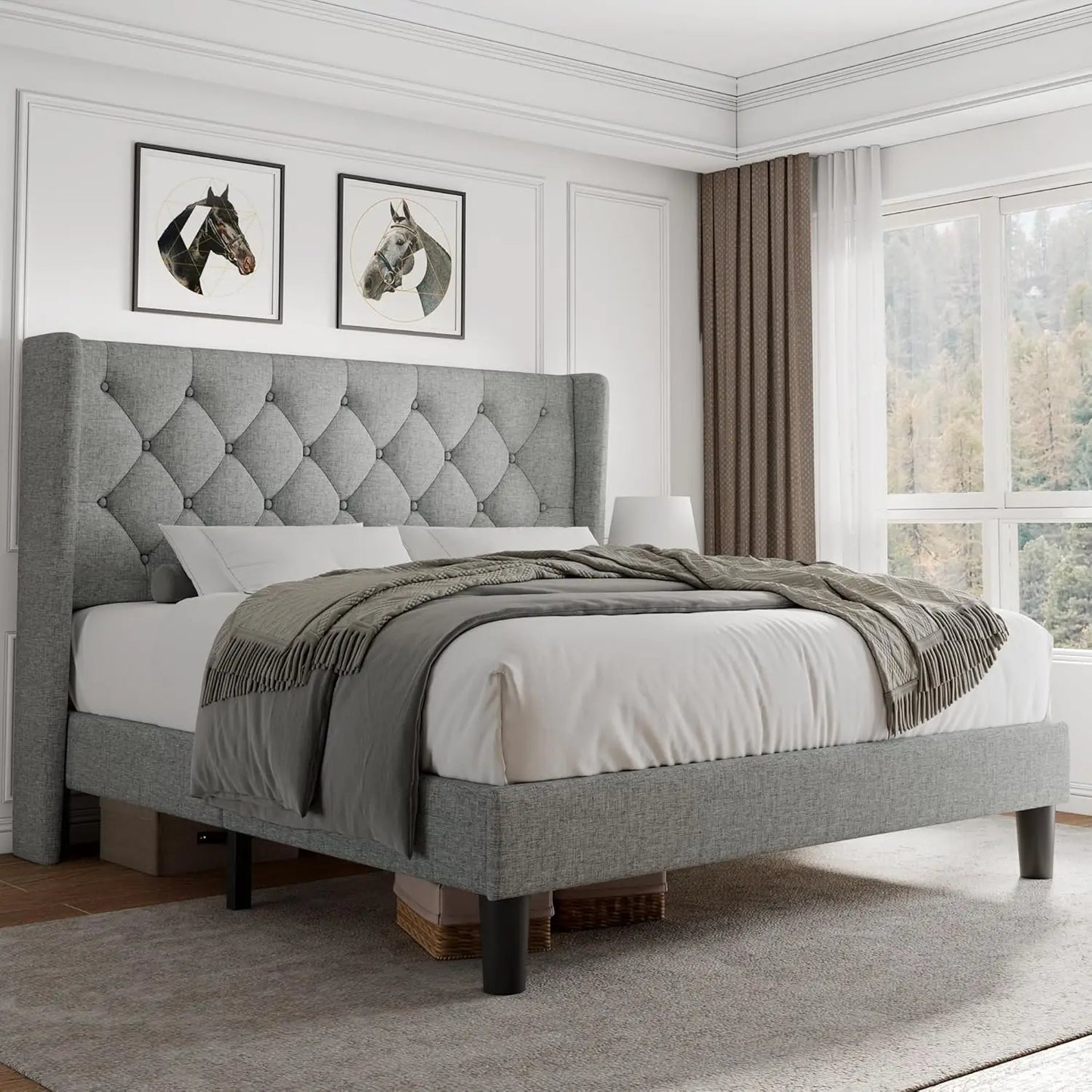 Cama Queen con Plataforma de Terciopelo, Tapizada con Botones, Estructura de Madera, Láminas de Madera, 8 Pulgadas de Espacio de Almacenamiento Debajo de la Cama, Sin Necesidad de Somier, Sin Ruido, Fácil de Montar
