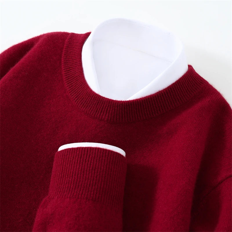Otoño/Invierno, jersey de cachemira pura de 100% para hombre, suéter de punto liso informal de negocios, Tops sueltos de cuello redondo, jersey grueso y cálido