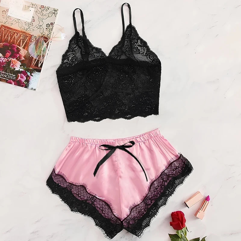 Pijamas transparentes de encaje para mujer, ropa bonita, cómoda y transpirable, conjunto de pantalones cortos con tirantes, color negro y rosa, 2 uds., verano 2024