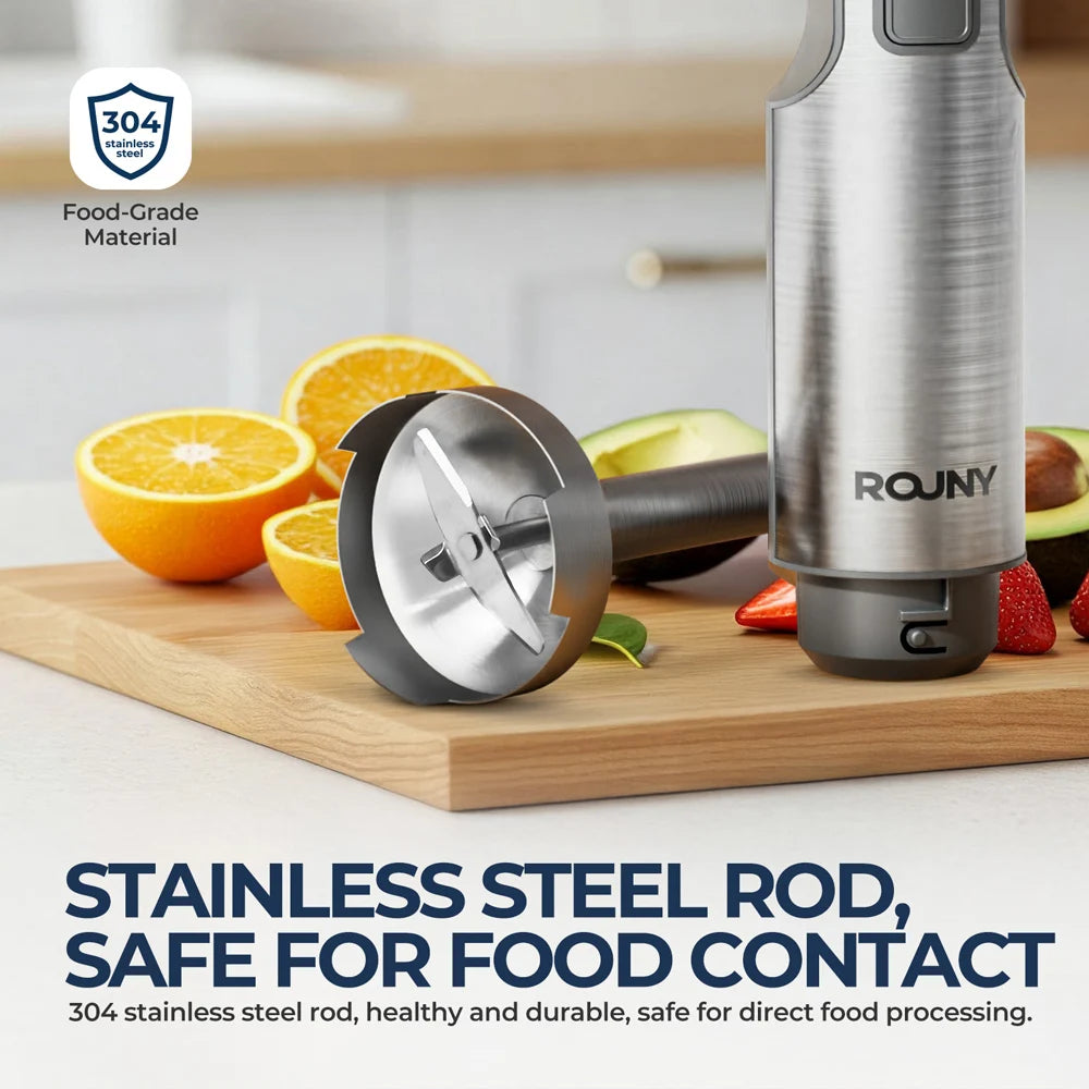 ROUNY Licuadora de inmersión manual 4 en 1 potente de 1000 W, batidora de alimentos con varilla de acero inoxidable, vaso mezclador de 700 ml, procesador de 500 ml, batidor