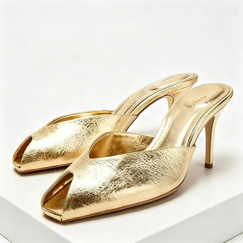 Zapatillas doradas para Mujer, Sandalias deslizantes sexis con punta abierta, tacones altos finos elegantes para Mujer, zapatos De diseñador De lujo, Sandalias De Mujer