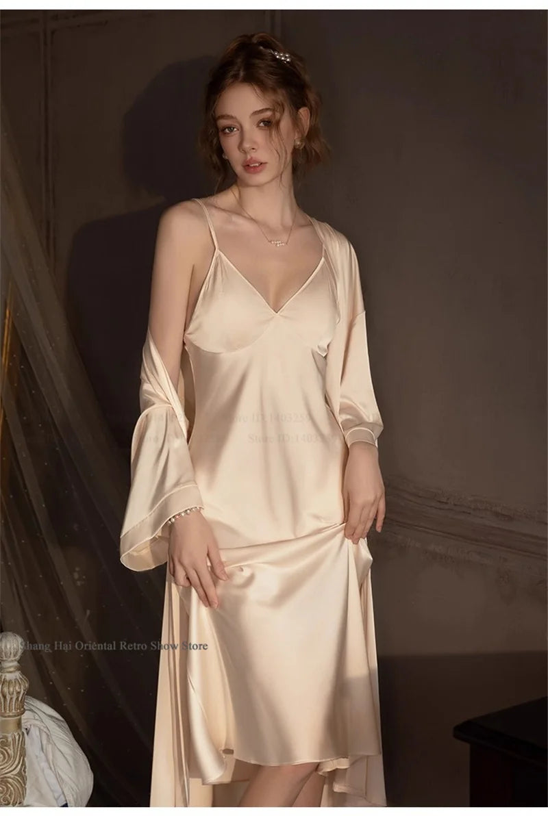 Elegante Conjunto de Bata Larga para Mujer, Lencería Sexy, Ropa de Dormir, Kimono Holgado, Bata de Baño, Vestido de Casa de Satén Sedoso, Ropa de Estar