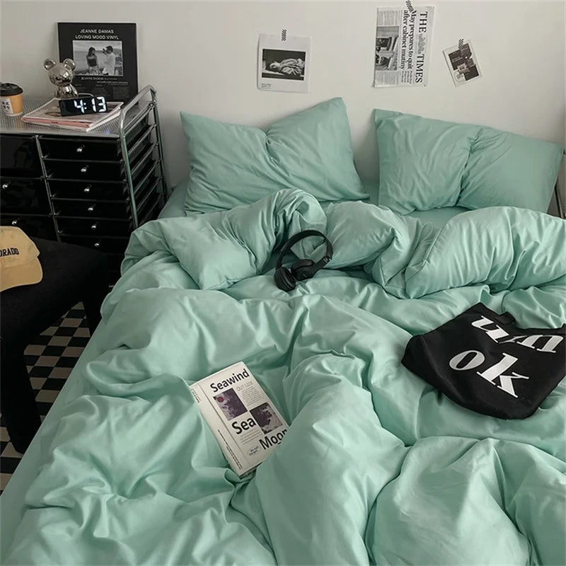 Juego de Ropa de Cama 100% Algodón, Juego de Sábanas de Algodón Lavado de Cuatro Piezas, Juego de Edredón, Funda de Edredón Doble para Parejas