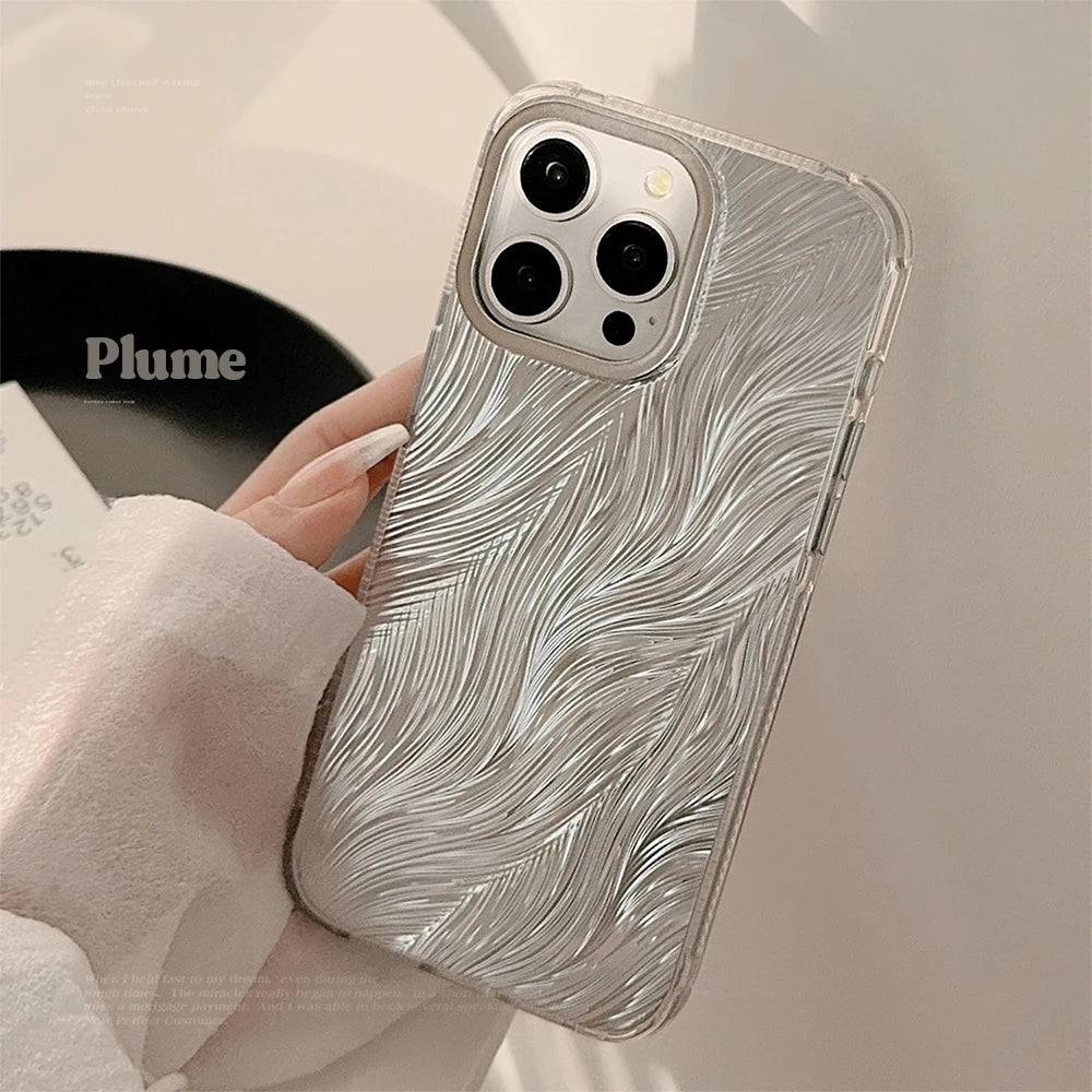 Funda de teléfono con diseño de plumas bonitas de lujo para iPhone 15, 14, 13, 12 Pro Max Plus, protección de lente chapada elegante, cubierta trasera anticaída