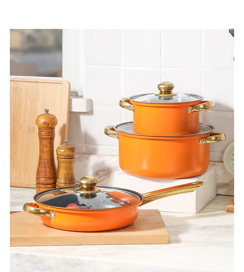 Juego de Ollas de Acero Inoxidable de 12 Piezas, Olla para Sopa, Sartén Antiadherente, Olla para Leche con Asa Dorada