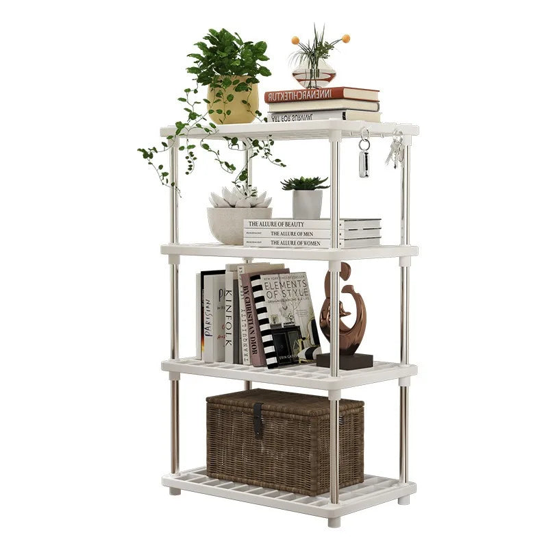 Estante organizador independiente de 4 niveles cuadrado y multicapa, ideal para cocina, baño, aperitivos y objetos diversos.