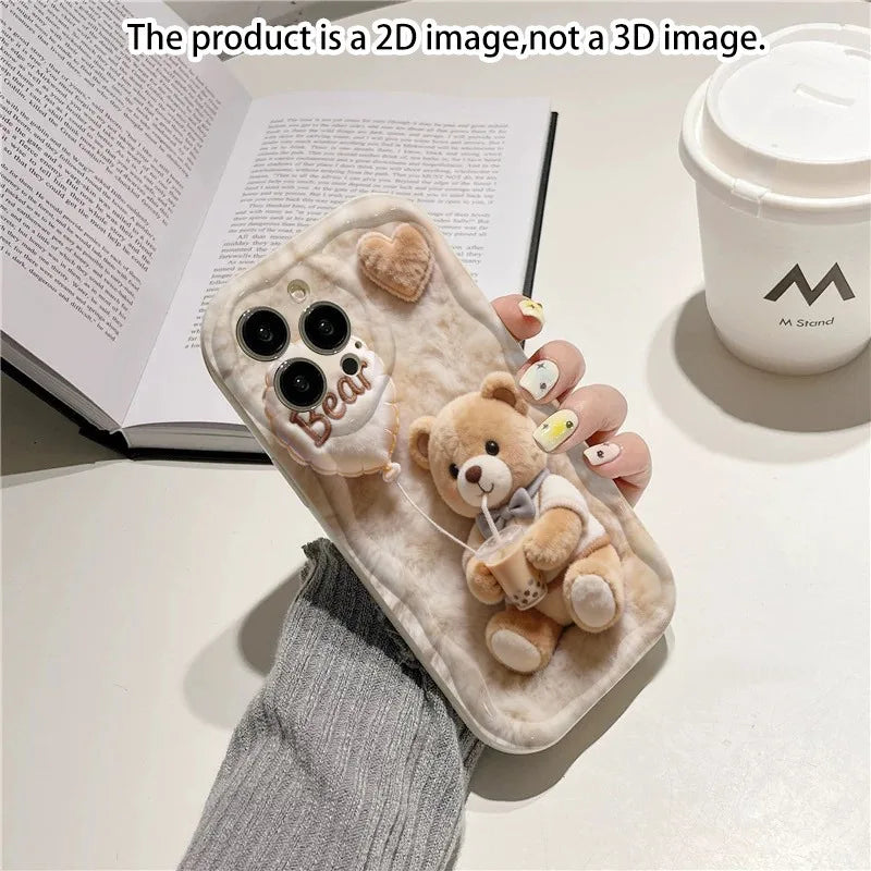 Funda para Teléfono con Imagen 2D para iPhone 17 16 15 14 13 12 11 Pro Max 16 Plus 16E 17E con Diseño de Oso Adorable, Impresión 2D, No Patrón 3D