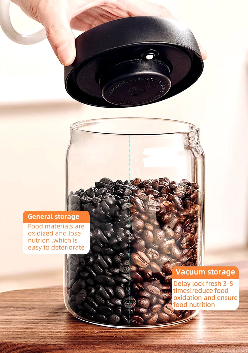 Frasco de Vidrio Hermético al Vacío para Almacenamiento de Granos de Café, Alimentos, Té, Frasco de Almacenamiento de Alimentos Frescos, Accesorios de Cocina