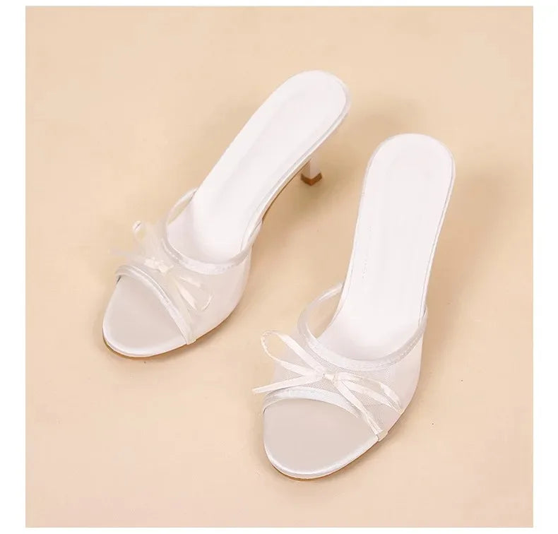 Sandalias de verano para mujer, tacones altos elegantes a la moda, zapatillas con punta abierta y nudo de mariposa de alta calidad, zapatos de tacón de diseñador de marca para mujer