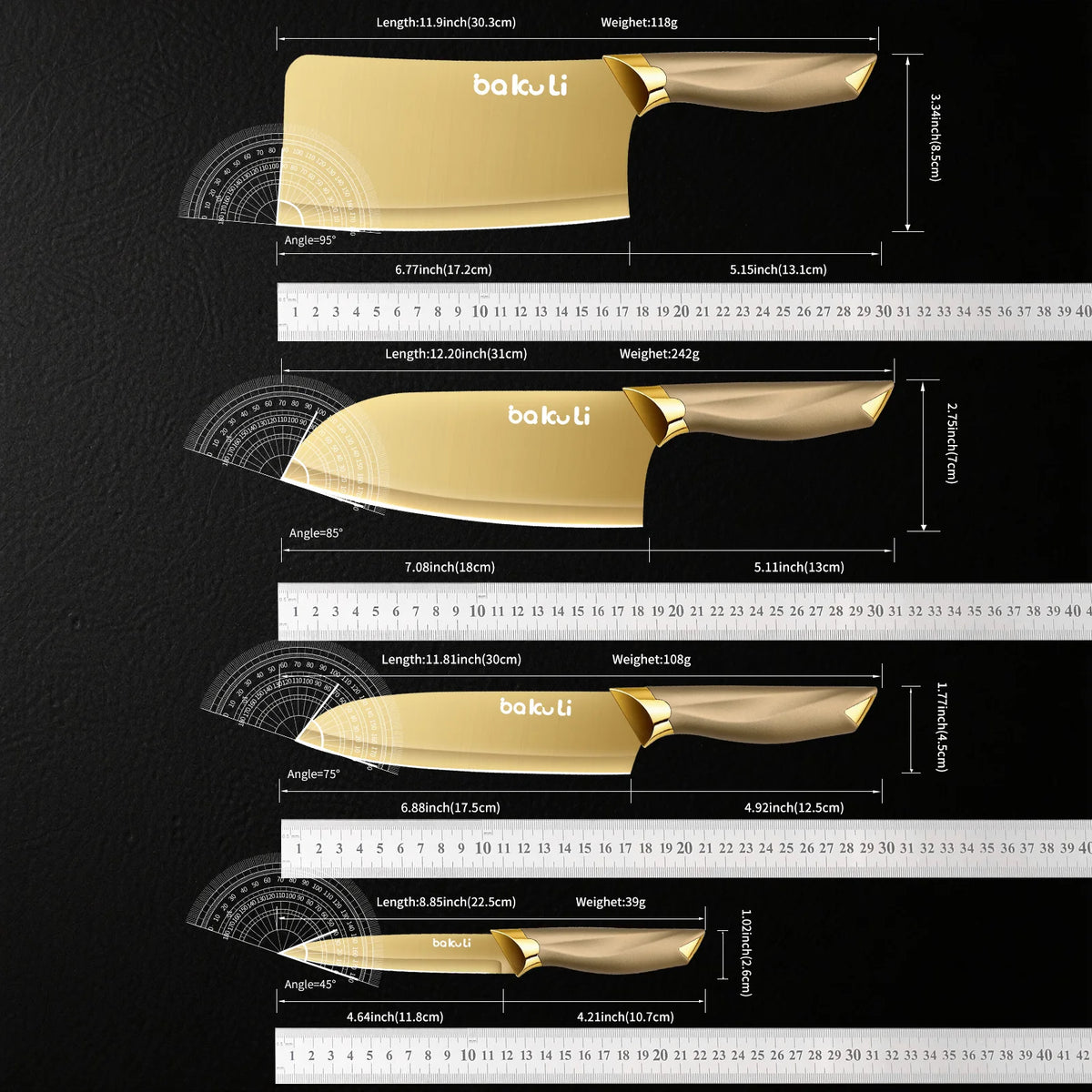 Juego de Cuchillos de Cocina Dorados de 4 Piezas, Hojas con Revestimiento de Titanio Antiadherente, Mango Ergonómico, Cuchillo de Chef, Cuchillo Multiusos, Cuchillos para Frutas para el Hogar