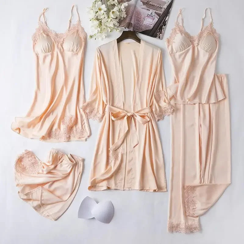 Conjunto de pijama de seda blanca para mujer, bata de boda de 5 piezas, camisón Sexy de encaje, ropa de dormir, Kimono, albornoz, lencería