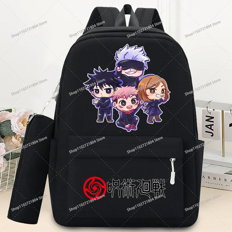 Mochilas Jujutsu Kaisen de 2 piezas con estuche para lápices para estudiantes, mochila escolar con estampado de dibujos animados, mochila de moda para guardar libros y artículos de papelería