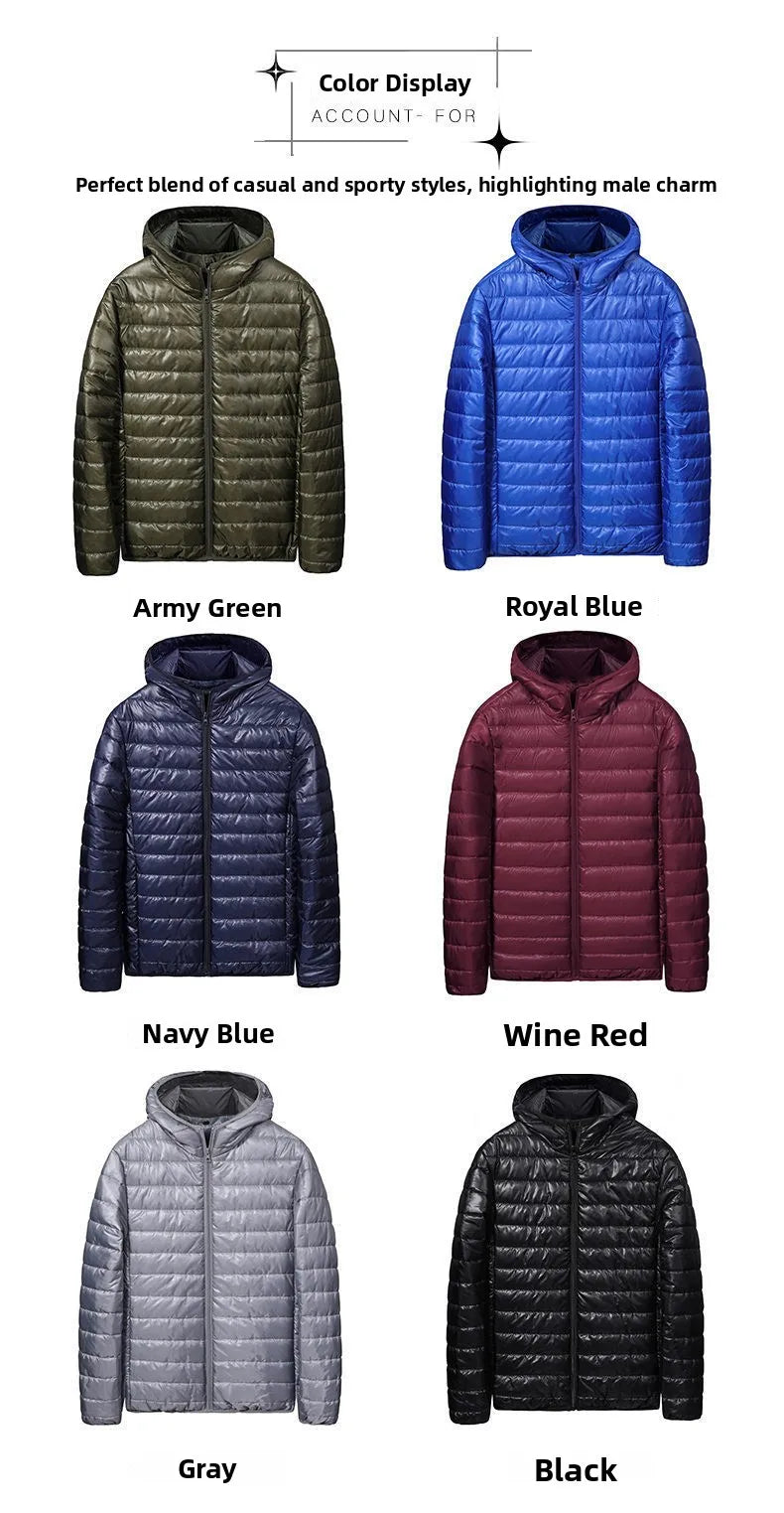 Chaqueta de plumón ligera para hombre, estilo nuevo de otoño-invierno, tipo abrigo acolchado, con cierre de cremallera y capucha, de fibra de poliéster.