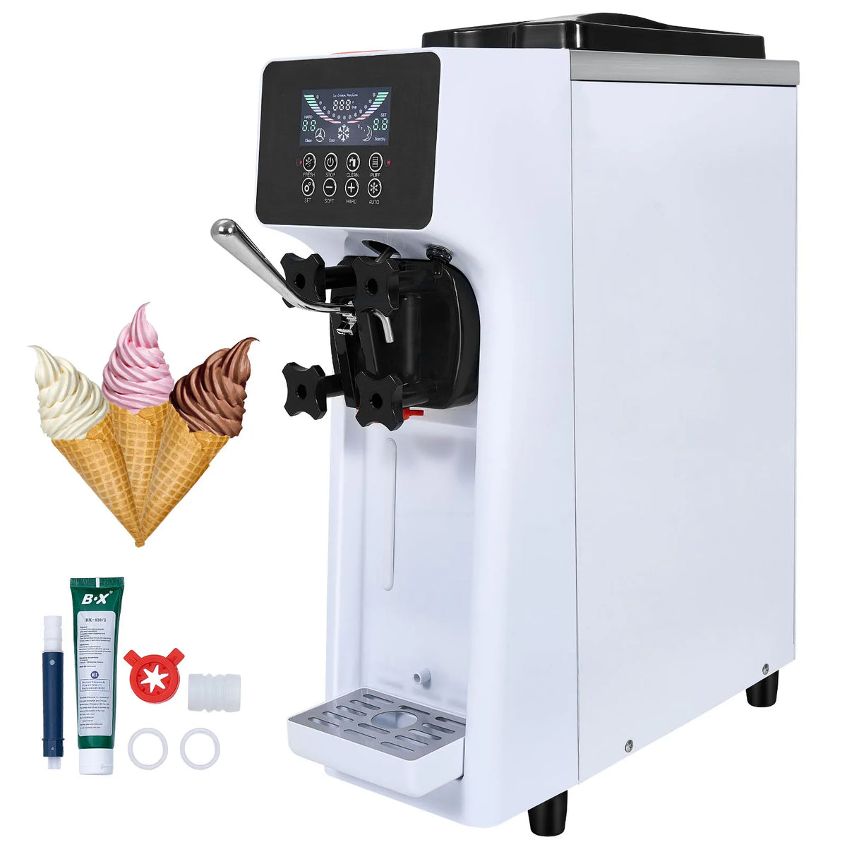 SucceBuy Máquina de Helado Comercial de 4L, de un Solo Sabor, para Mostrador, con Pantalla Táctil, Autolimpieza y Preenfriamiento