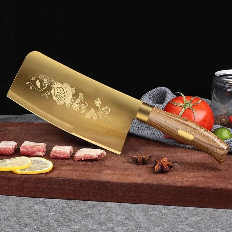 Juego de cuchillos de cocina de lujo dorados, ultra afilados, con hoja de acero inoxidable de primera calidad con revestimiento de titanio y mango de madera para cocinar, 4 piezas