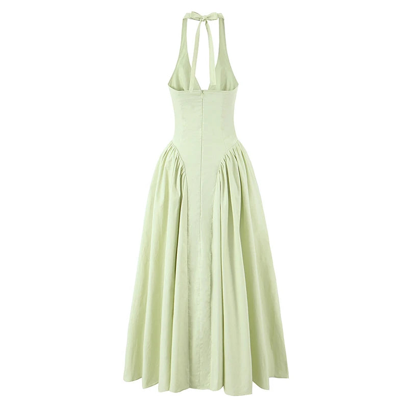 YENKYE-vestido Sexy con espalda descubierta para mujer, vestido verde elegante con cuello Halter, cintura baja, corte en A, Midi, vestidos de fiesta de noche de verano, bata de algodón