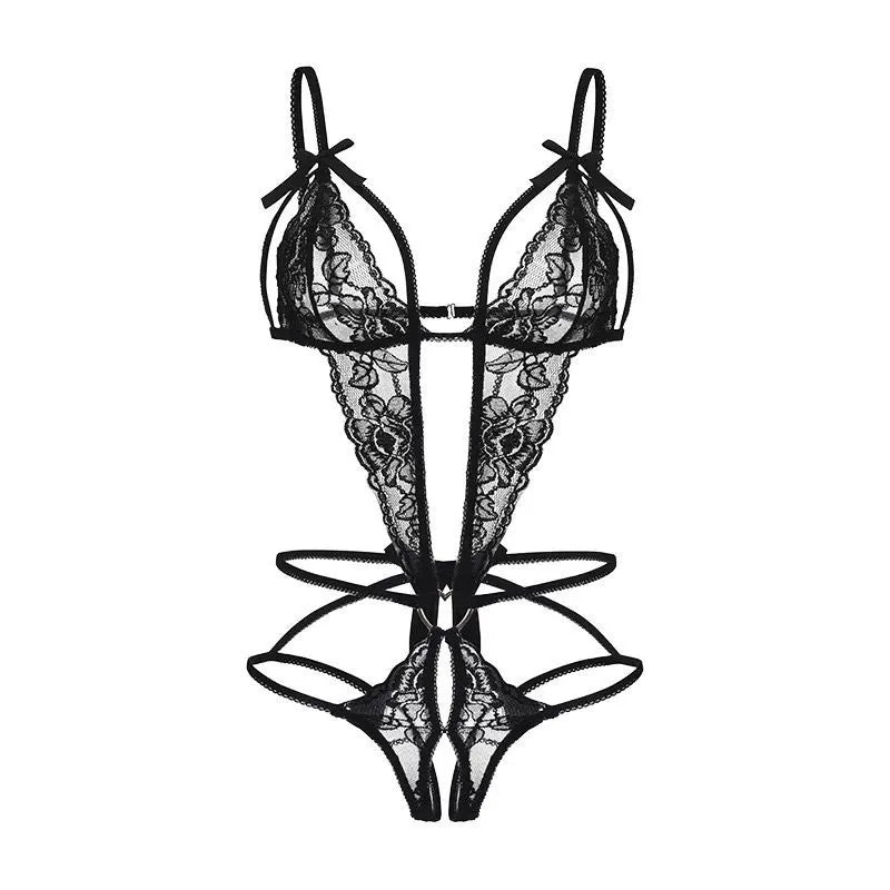 Ropa de pijama Sexy para mujer, conjuntos de lencería con escote en V profundo abierto, monos transparentes de encaje, vestidos Babydoll ahuecados sin entrepierna, medias
