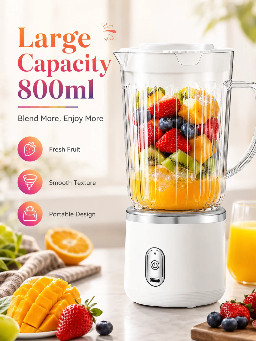 Licuadora Eléctrica Portátil de 800 ml, Operación con un Botón, Carga USB, para Hacer Smoothies de Frutas y Hielo