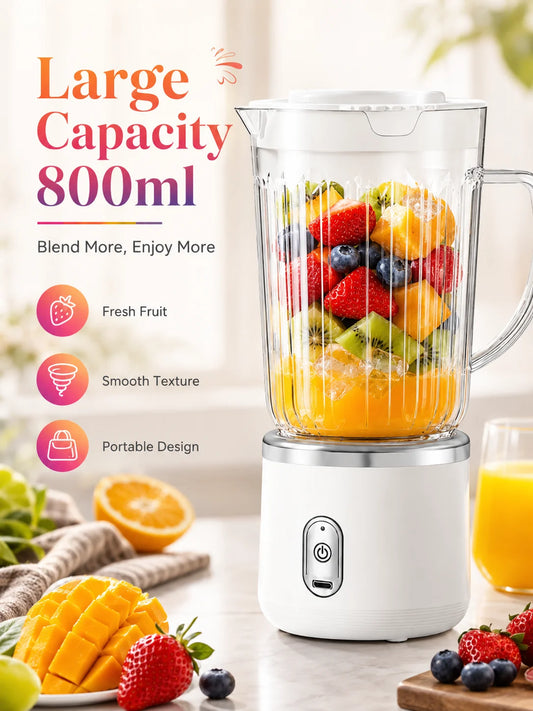 Licuadora Eléctrica Portátil de 800 ml, Operación con un Botón, Carga USB, para Hacer Smoothies de Frutas y Hielo
