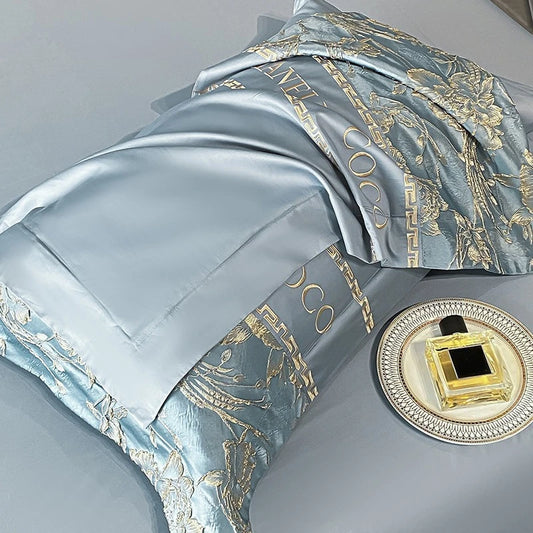 Juego de cama europeo de alta gama, juego de cuatro piezas de algodón de lujo, funda de edredón bordada de algodón, sábanas, sombreros, ropa de cama para personas mayores