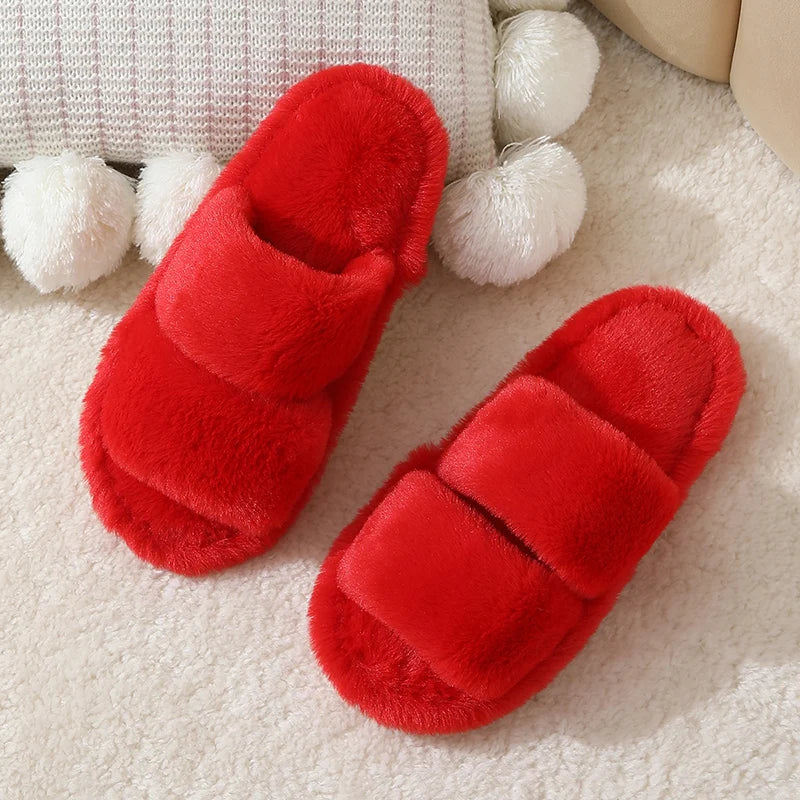 Zapatillas de invierno de felpa con estampado de leopardo para mujer, zapatos de casa peludos con suela suave y punta abierta, cómodas y cálidas para interiores, de piel sintética