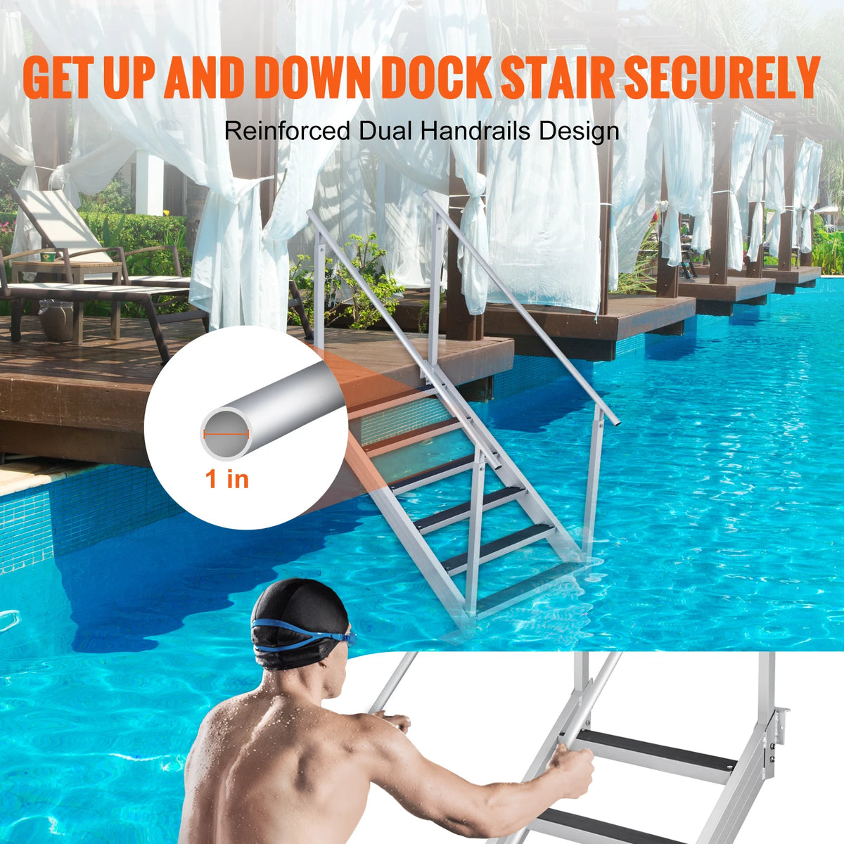 SucceBuy Escalera de muelle de pasamanos dobles de 4/6 escalones de aluminio con alfombrilla de goma de 30 "-39" de altura ajustable para piscina de embarque marina de lago