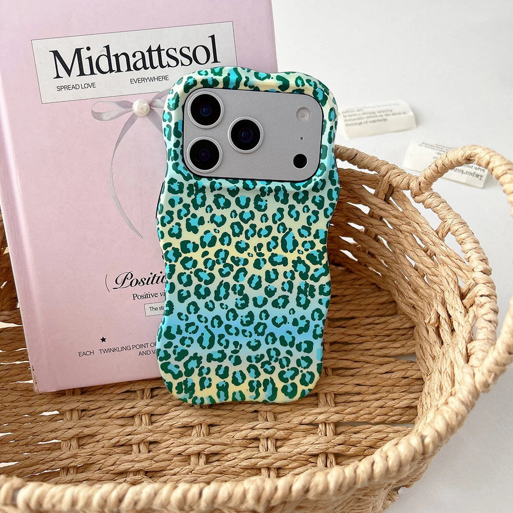 Funda protectora de lujo 2 en 1 con estampado de leopardo degradado a prueba de golpes para IPhone 13 14 15 16 17 Pro Max Wave Edge contraportada