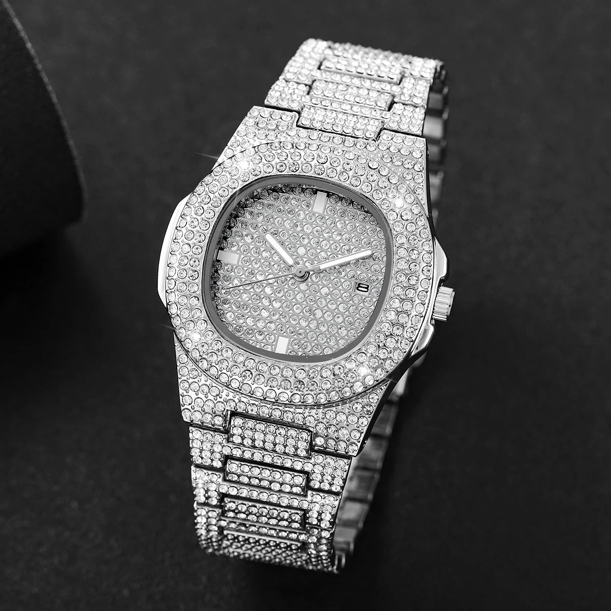 Relojes de Lujo para Hombre de Acero Inoxidable con Diamantes Completos, Reloj de Pulsera Deportivo de Cuarzo con Calendario