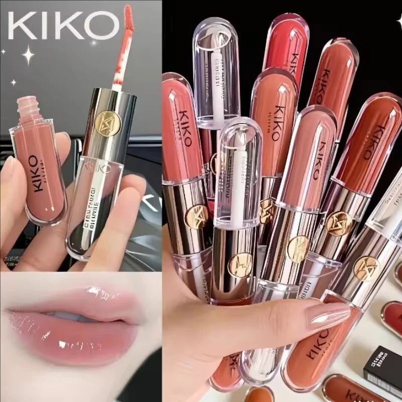 Kiko Labial de Doble Punta Transparente Efecto Espejo, No se Desvanece, No se Transfiere, Brillo Labial Tono Té con Leche, Pasta de Frijol, Maquillaje Labial Natural