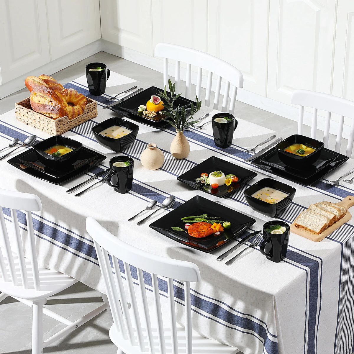 Vancasso SOHO-vajilla cuadrada de cerámica negra, 16/32/48 piezas, plato de cena, plato de postre, tazón, juego de tazas de 240ml