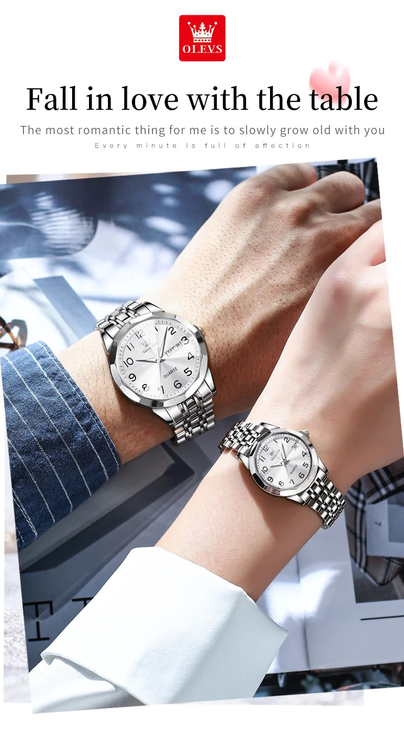 OLEVS 9970 reloj de lujo para parejas, reloj de pulsera con calendario resistente al agua de acero inoxidable para hombres y mujeres, reloj para amantes del espejo con rombos y esfera Digital