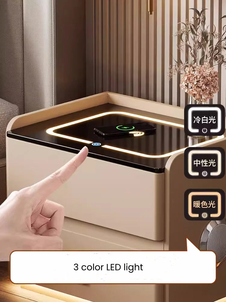 Mesita de noche inteligente de madera maciza con carga inalámbrica, mesita de noche de estilo moderno con 2 cajones y cerradura, armario lateral para el hogar